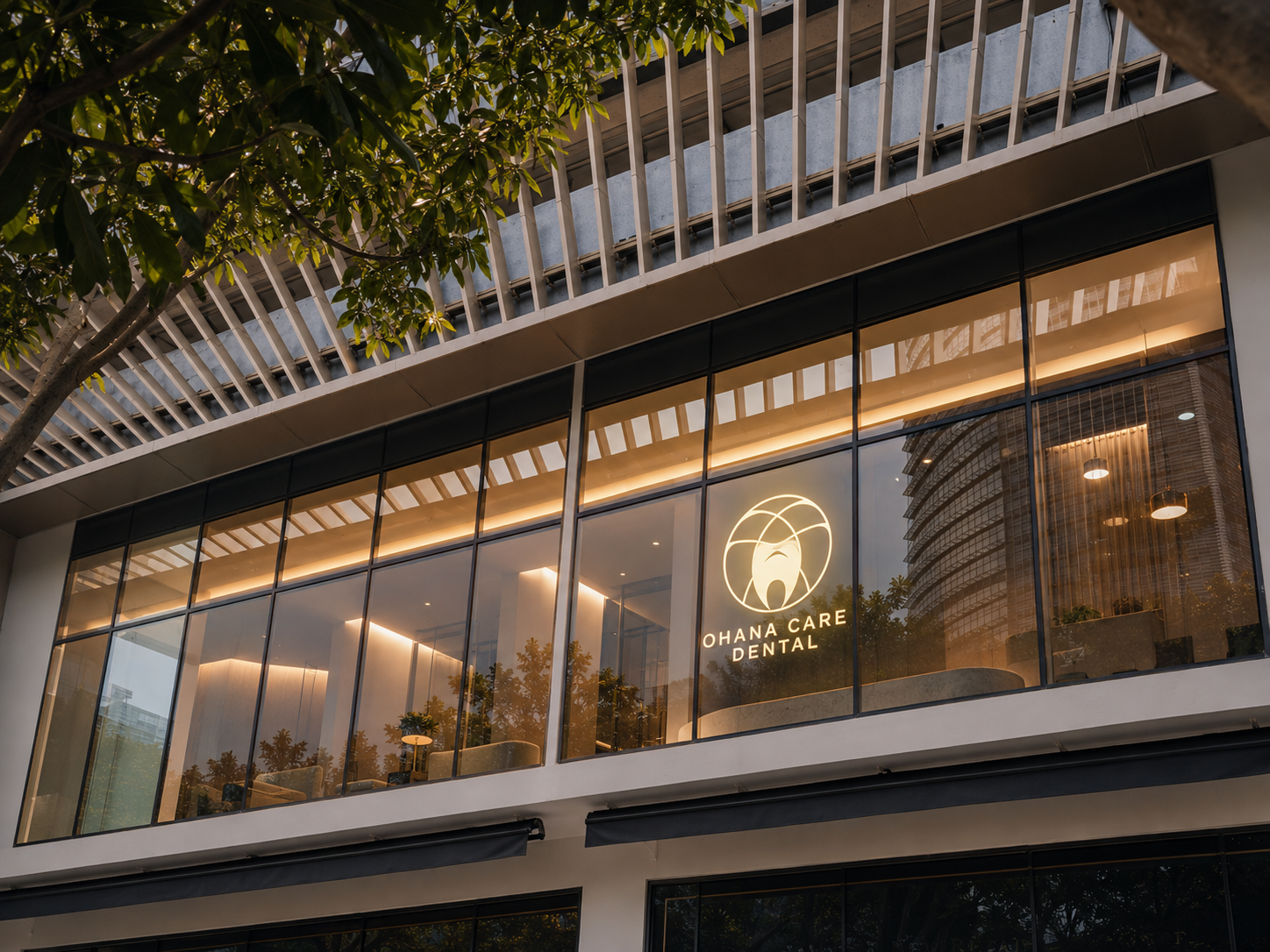 Ohana Care Dental exterior at MET Galleria with illuminated second-floor branding