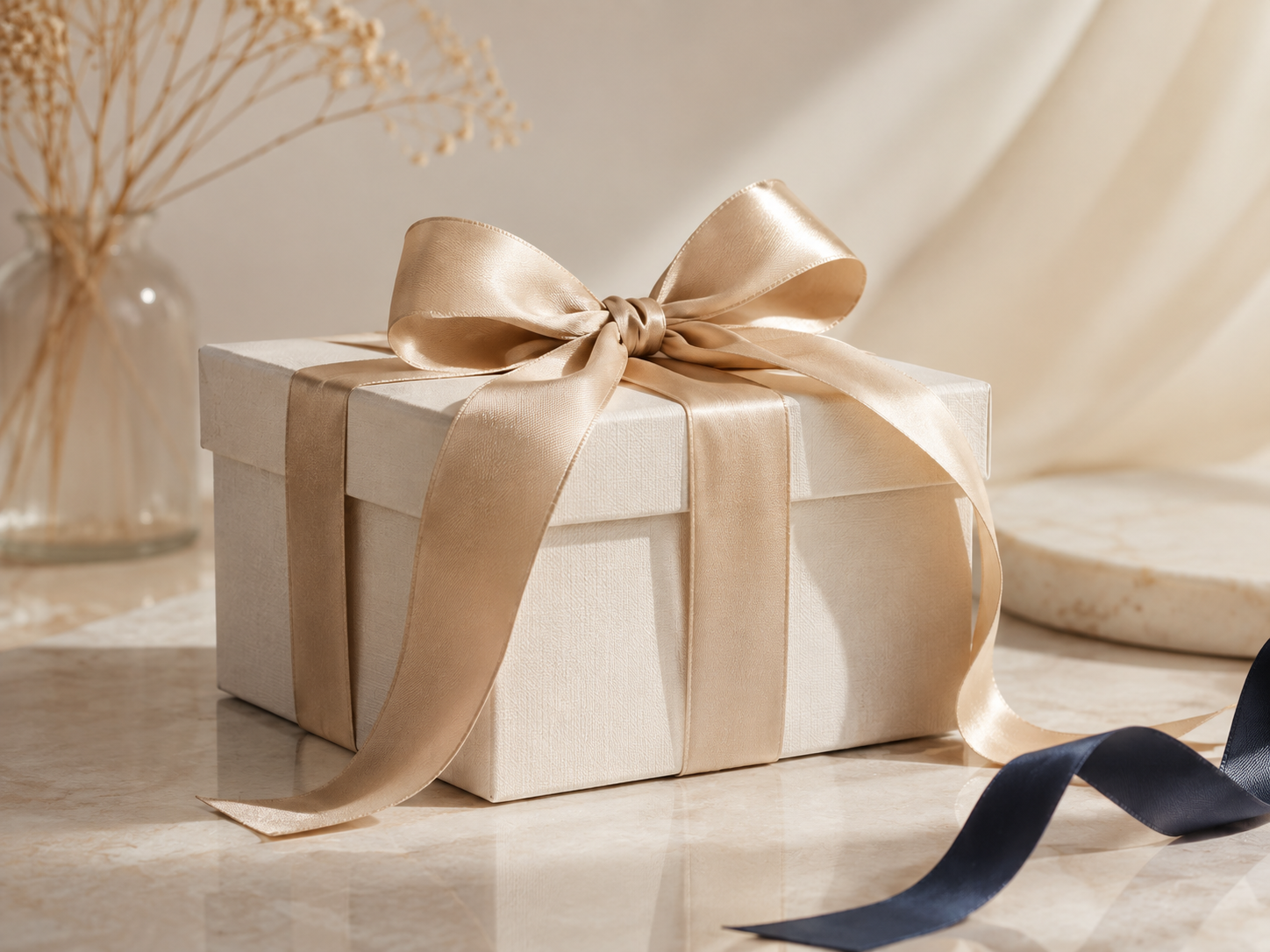 Ivory gift box finished with a champagne ribbon