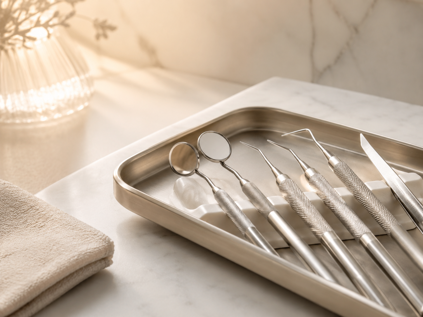 Clean dental instruments arranged on a clinical tray